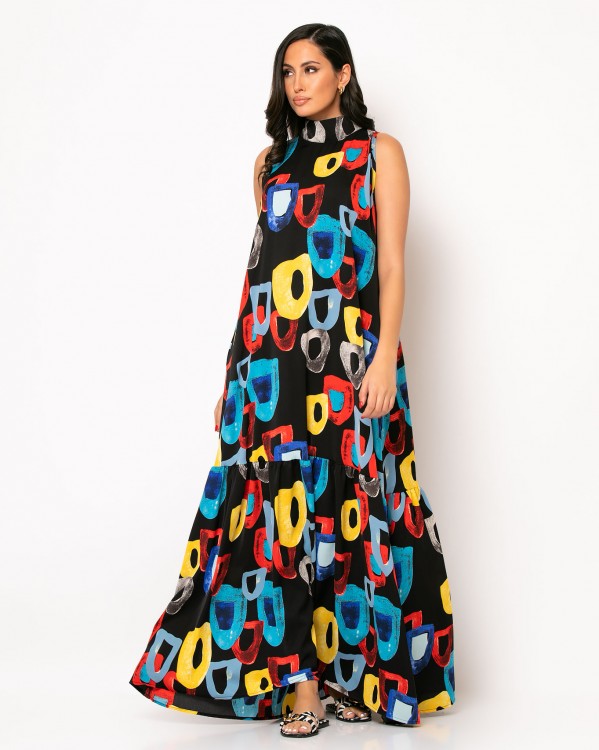 Φόρεμα maxi ζιβάγκο αμάνικο με βολάν Μαύρο κύκλος 