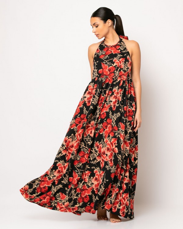 Φόρεμα maxi εξώπλατο Μαύρο - Κόκκινο φλοράλ 