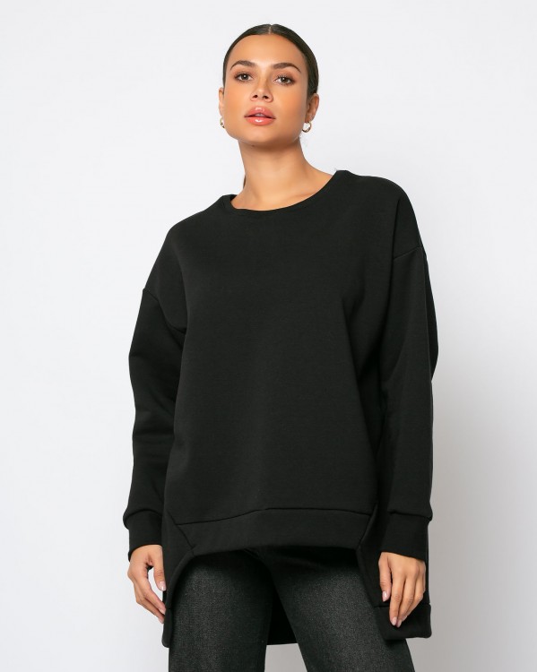 Μπλούζα φούτερ χνούδι oversized με κόψιμο μπροστά Μαύρο