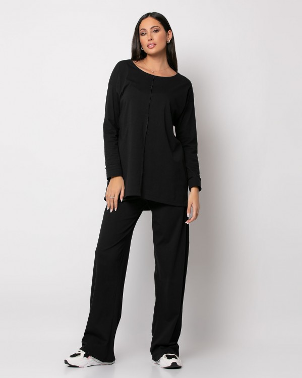 Σετ μπλούζα βαμβακερή με ραφή μπροστά - Παντελόνι βαμβακερό ψηλόμεσο με λάστιχο στη μέση Μαύρο 