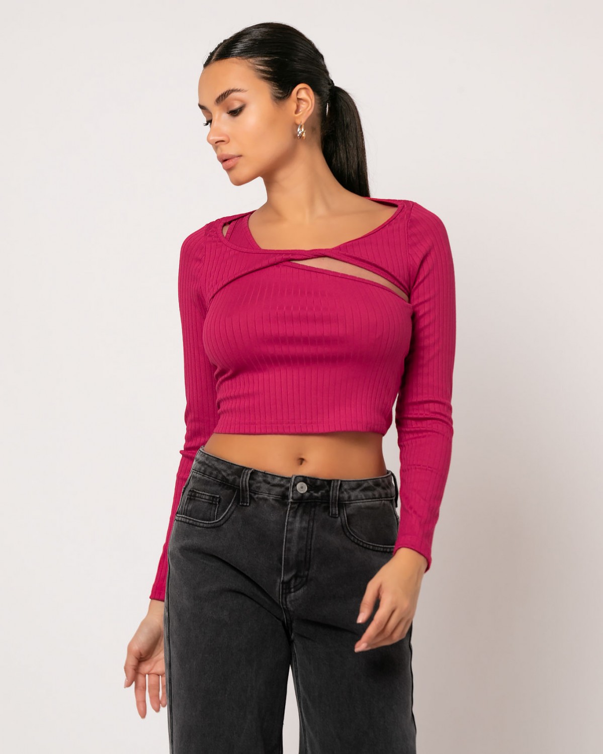 Μπλούζα 2 pieces top και μπολερό σε διάταξη ριπ Φούξια 