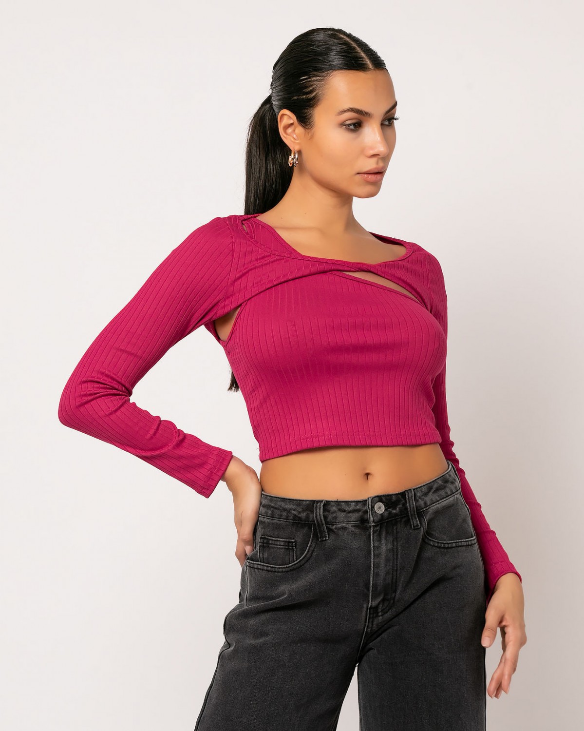 Μπλούζα 2 pieces top και μπολερό σε διάταξη ριπ Φούξια 