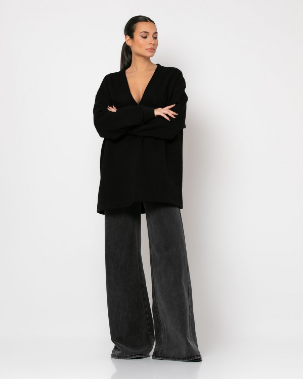 Μπλούζα φούτερ χνούδι με ανοιχτή λαιμόκοψη Μαύρο 