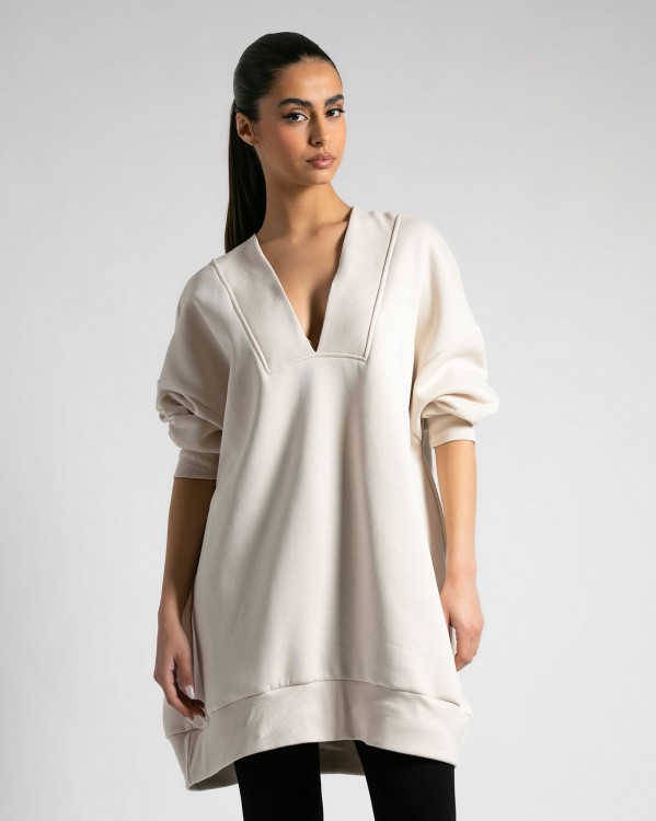 Μπλούζα φούτερ χνούδι μακρυμάνικο oversized με ανοιχτή "V" λαιμόκοψη Cream