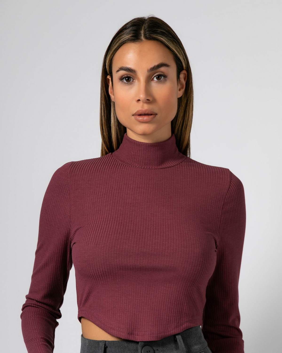 Μπλούζα Crop top μακρυμάνικη ζιβάγκο ριπ Wine ginger