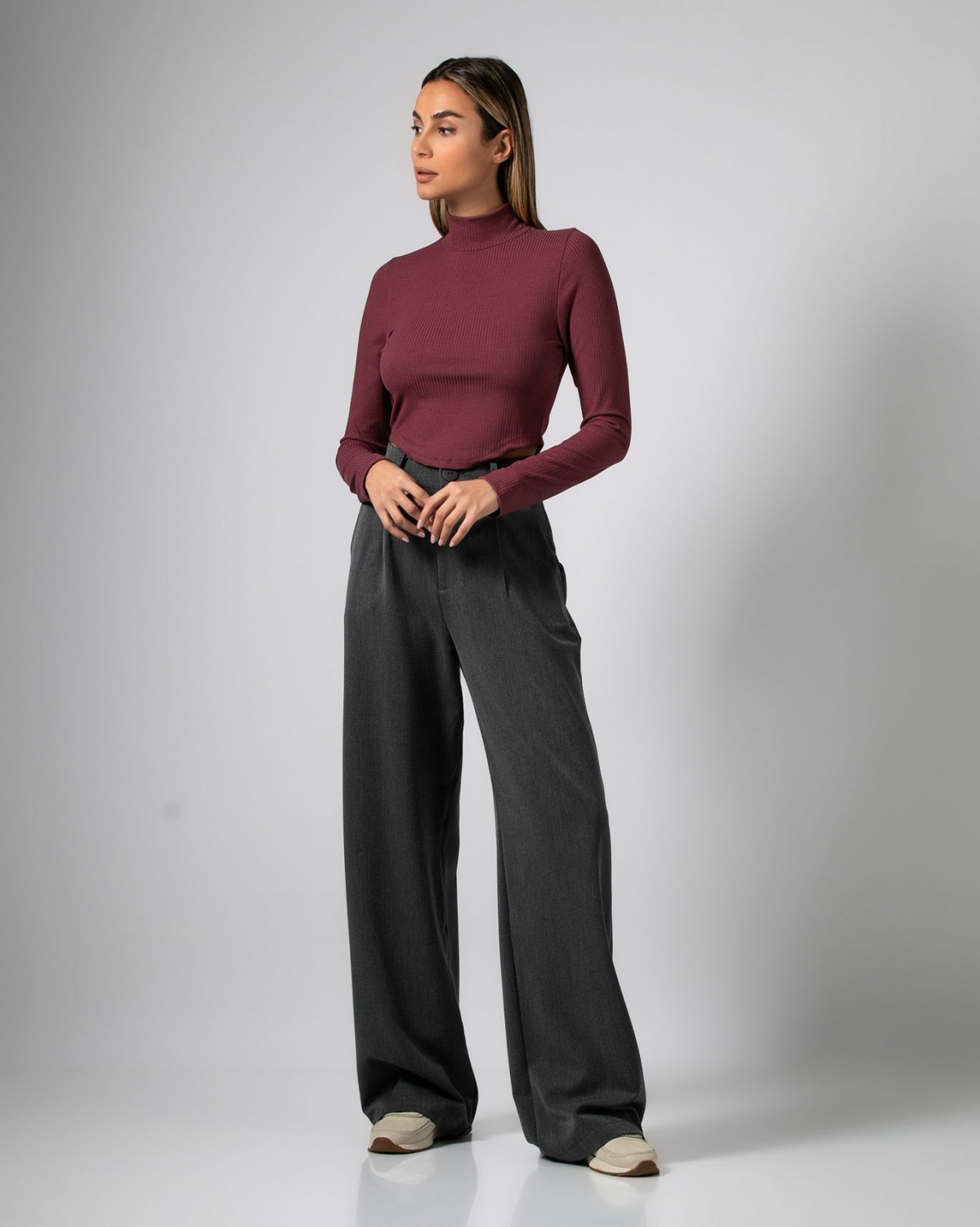 Μπλούζα Crop top μακρυμάνικη ζιβάγκο ριπ Wine ginger