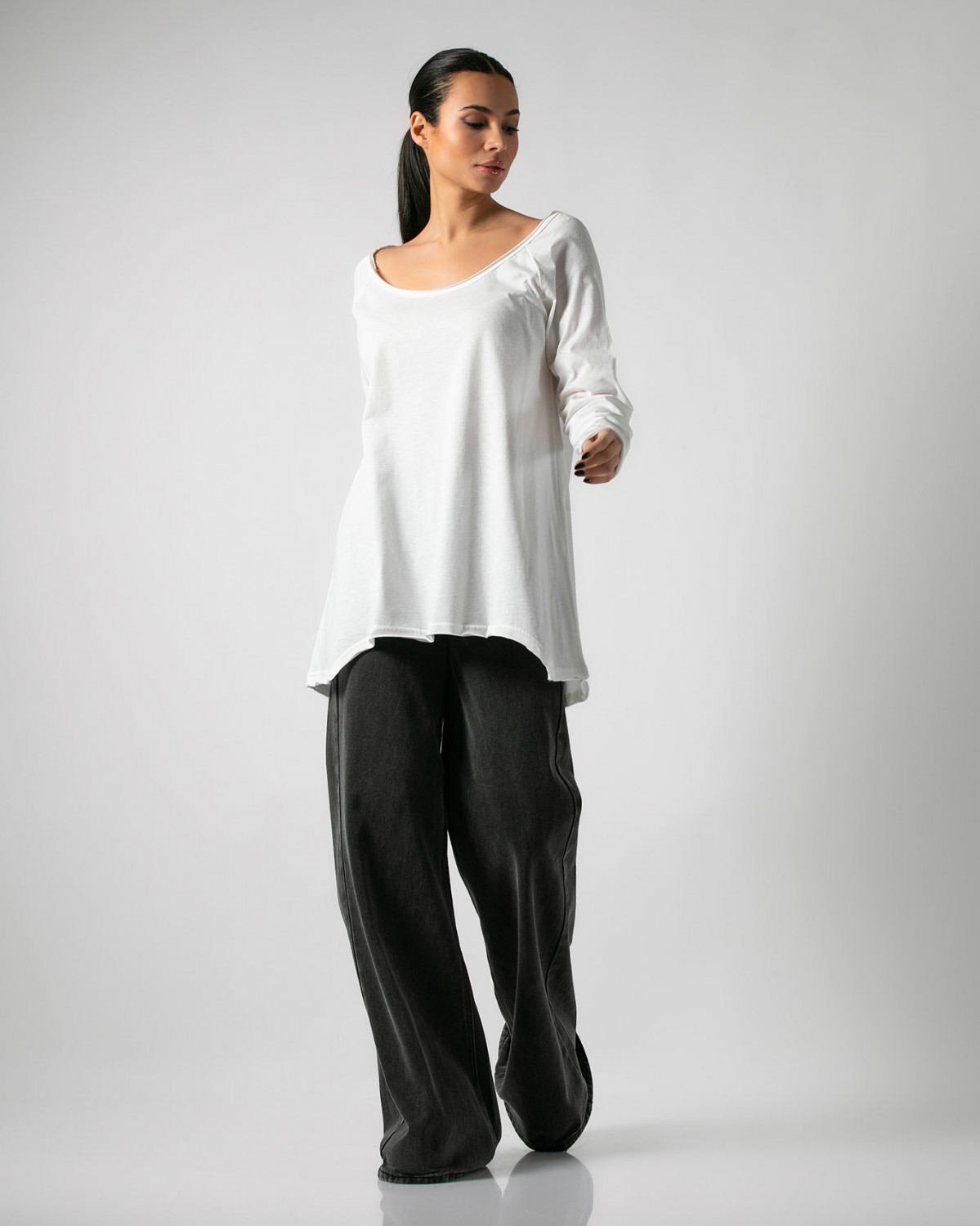 Μπλούζα βαμβακερή μακρυμάνικη ψηλή λαιμόκοψη Εκρού