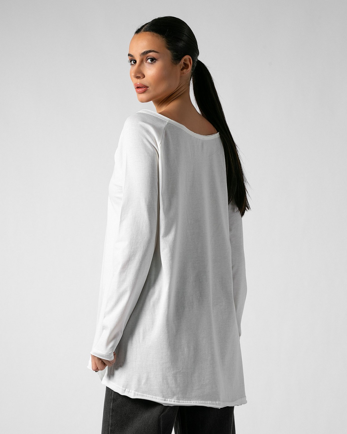 Μπλούζα βαμβακερή μακρυμάνικη ψηλή λαιμόκοψη Εκρού