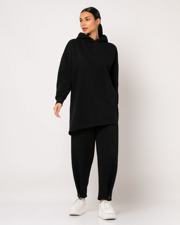 Φόρμα φούτερ χνούδι με κουμπί στο μπατζάκι Μαύρο
