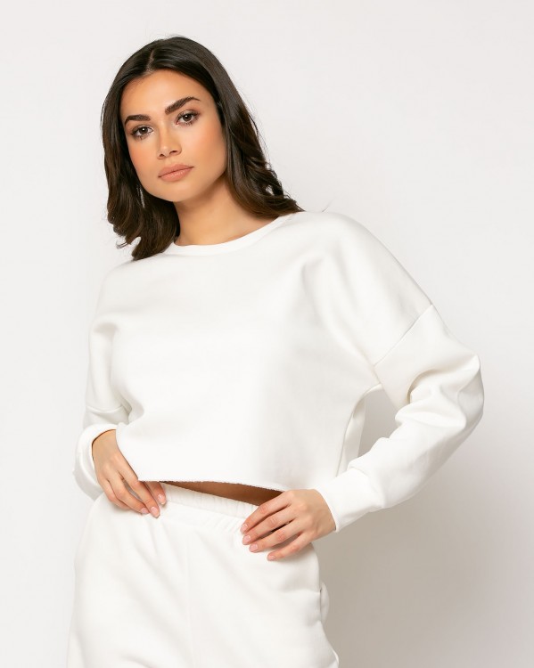 Μπλούζα φούτερ αχνούδιαστο μακρυμάνικη κομμένη στο τελείωμα Λευκό 