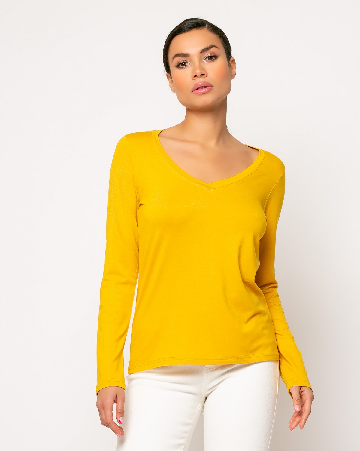 Μπλουζάκι μακρυμάνικο με "V" Μουσταρδί