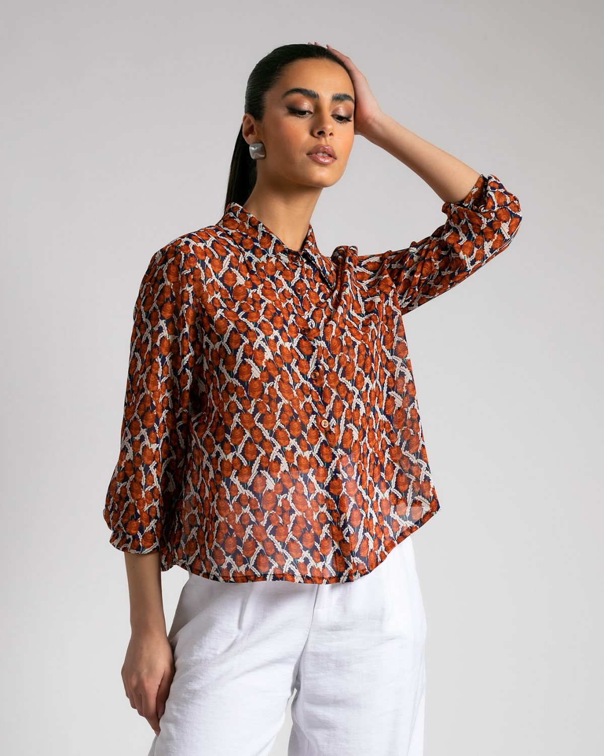 Πουκάμισο εμπριμέ με σούρα στη μέση Κεραμιδί   