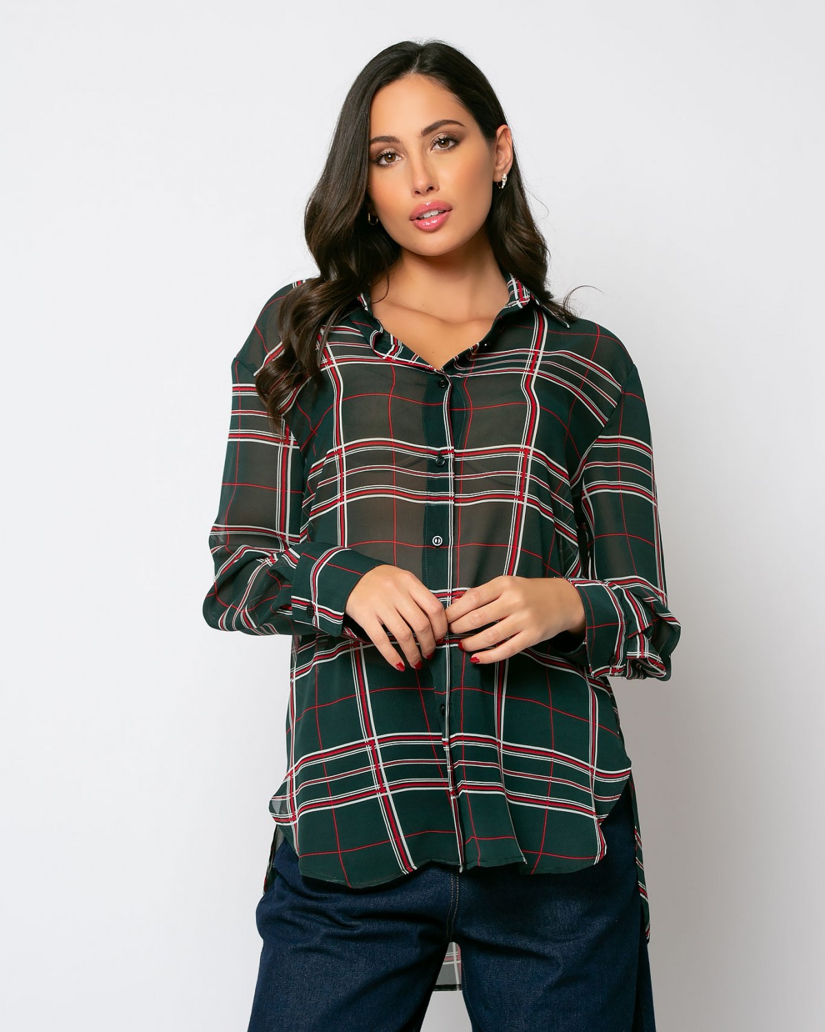 Πουκάμισο εμπριμέ ριχτό ζορζέτα Κυπαρισσί - Κόκκινο