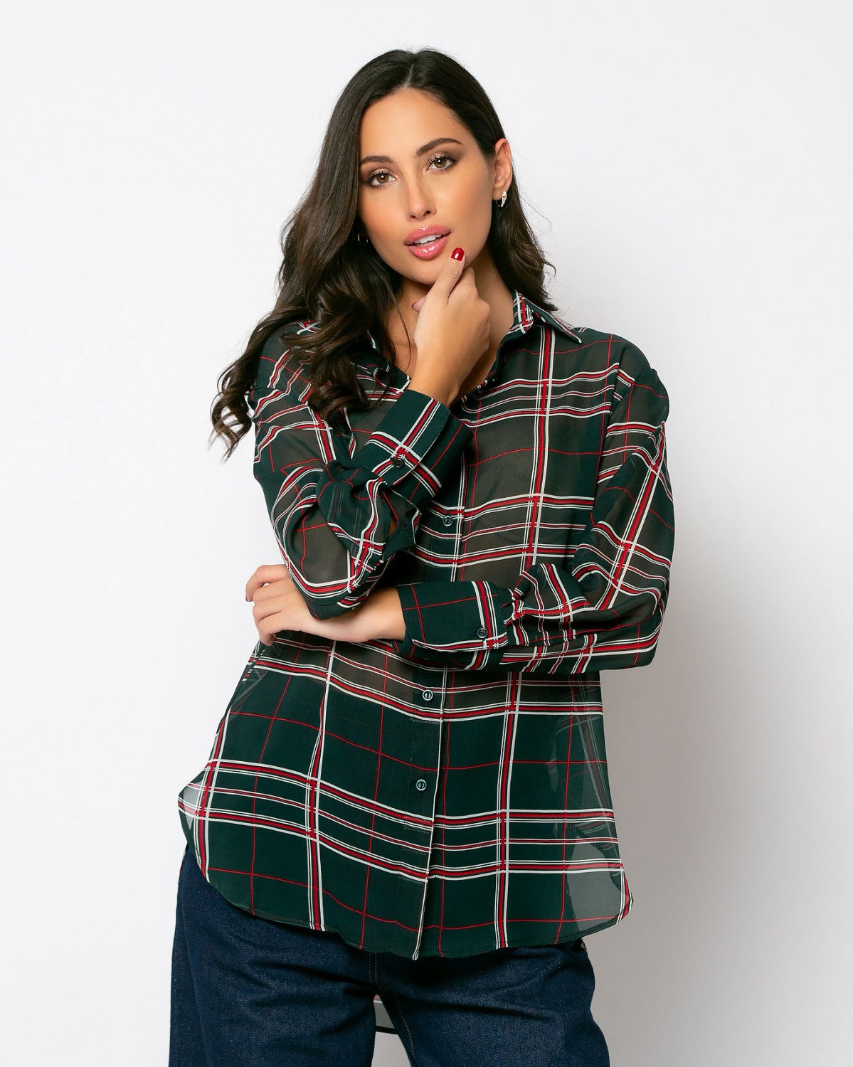 Πουκάμισο εμπριμέ ριχτό ζορζέτα Κυπαρισσί - Κόκκινο