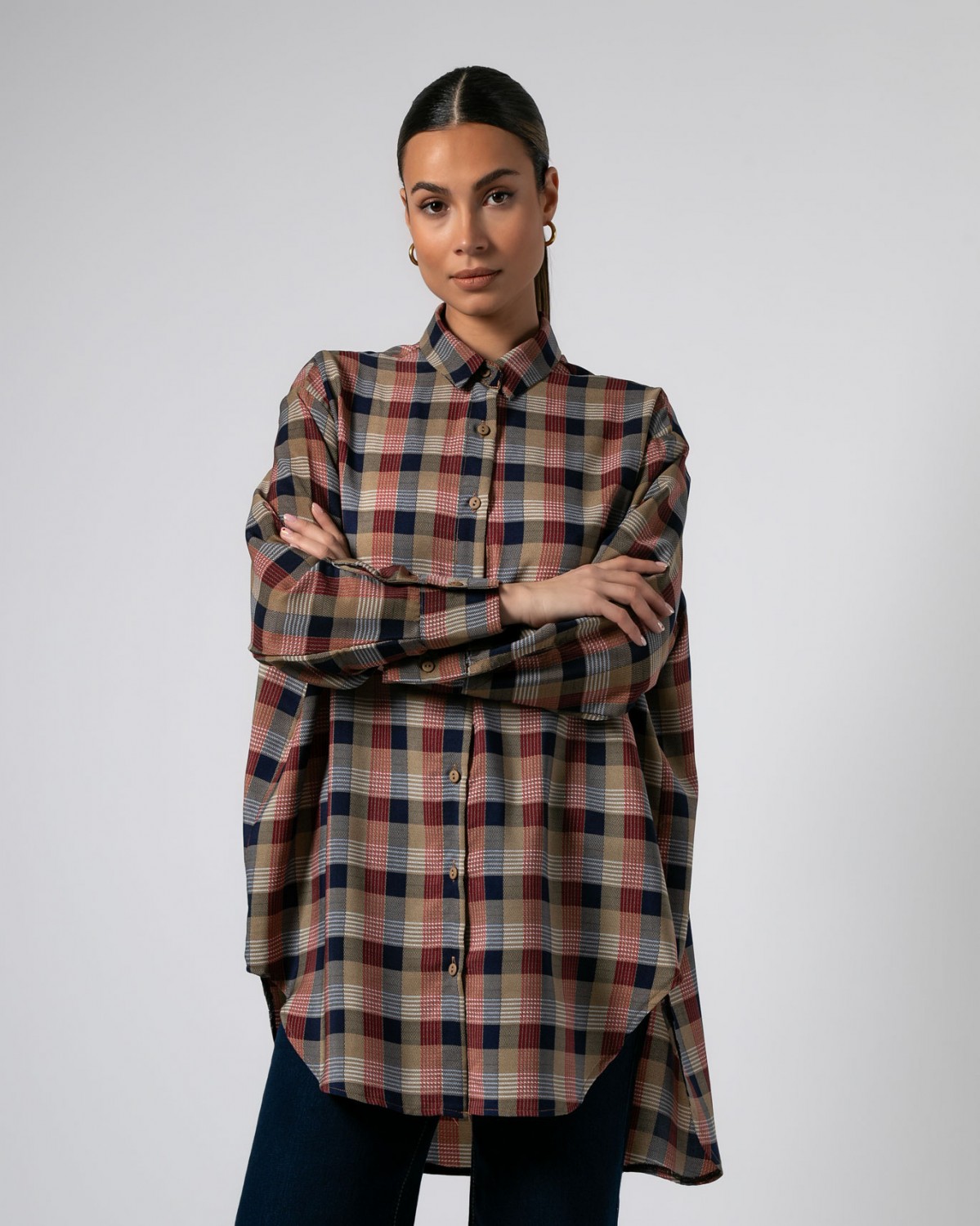 Πουκάμισο μακρυμάνικο καρό oversized Μπεζ - Navy