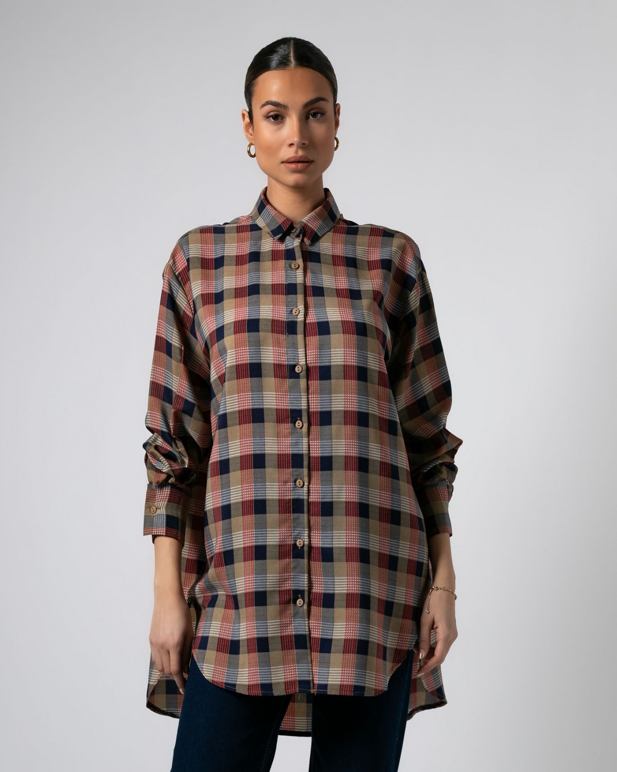 Πουκάμισο μακρυμάνικο καρό oversized Μπεζ - Navy