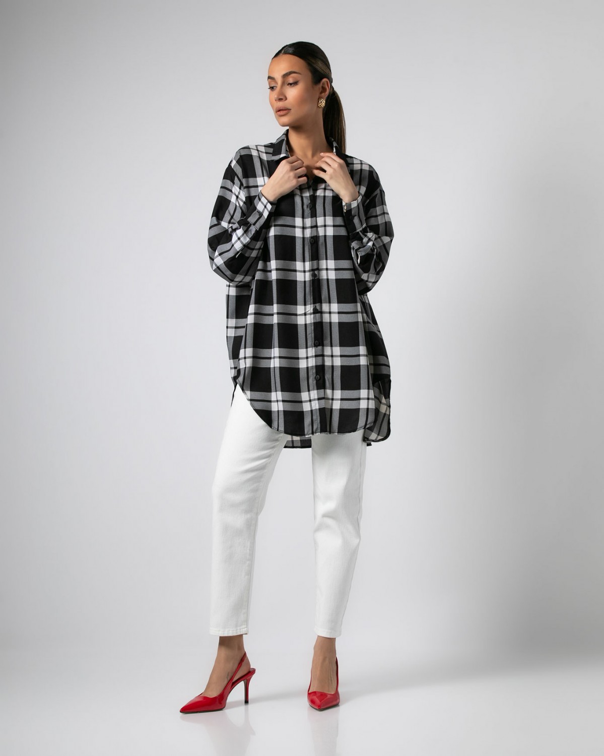 Πουκάμισο μακρυμάνικο καρό oversized Μαύρο - Εκρού 