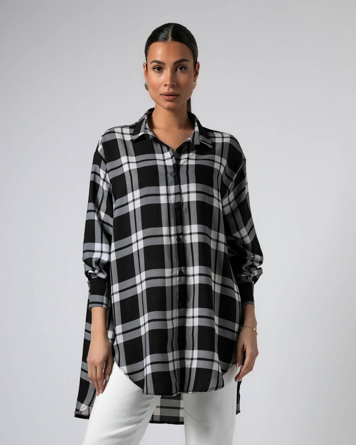 Πουκάμισο μακρυμάνικο καρό oversized Μαύρο - Εκρού 