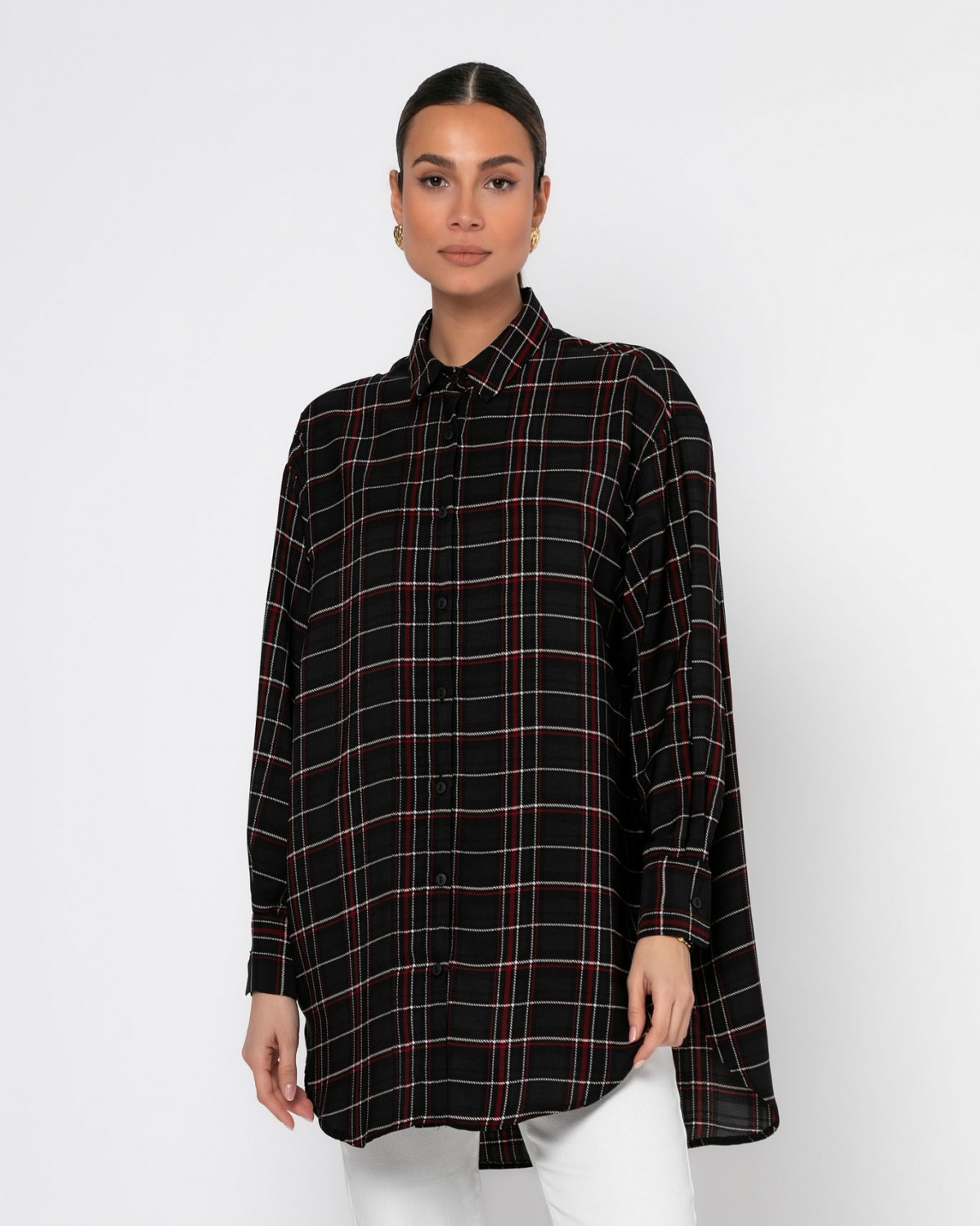 Πουκάμισο μακρυμάνικο καρό oversized Μαύρο - Μπορντώ  