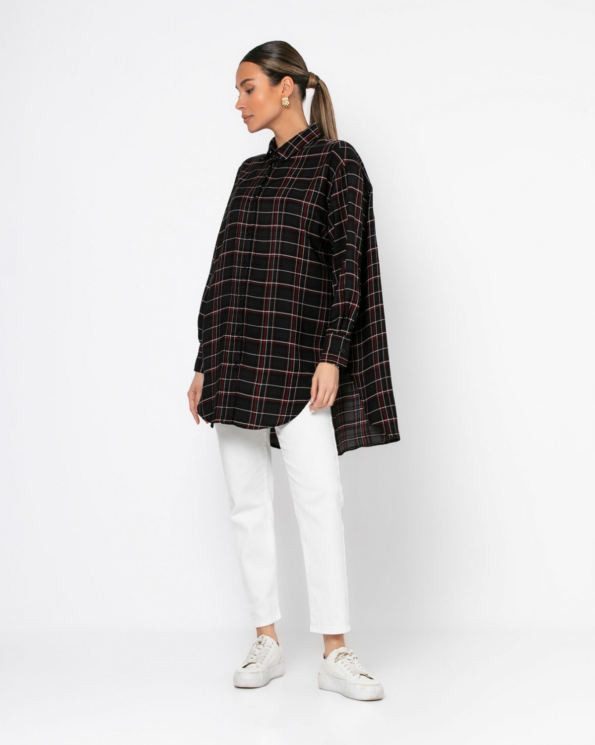 Πουκάμισο μακρυμάνικο καρό oversized Μαύρο - Μπορντώ  
