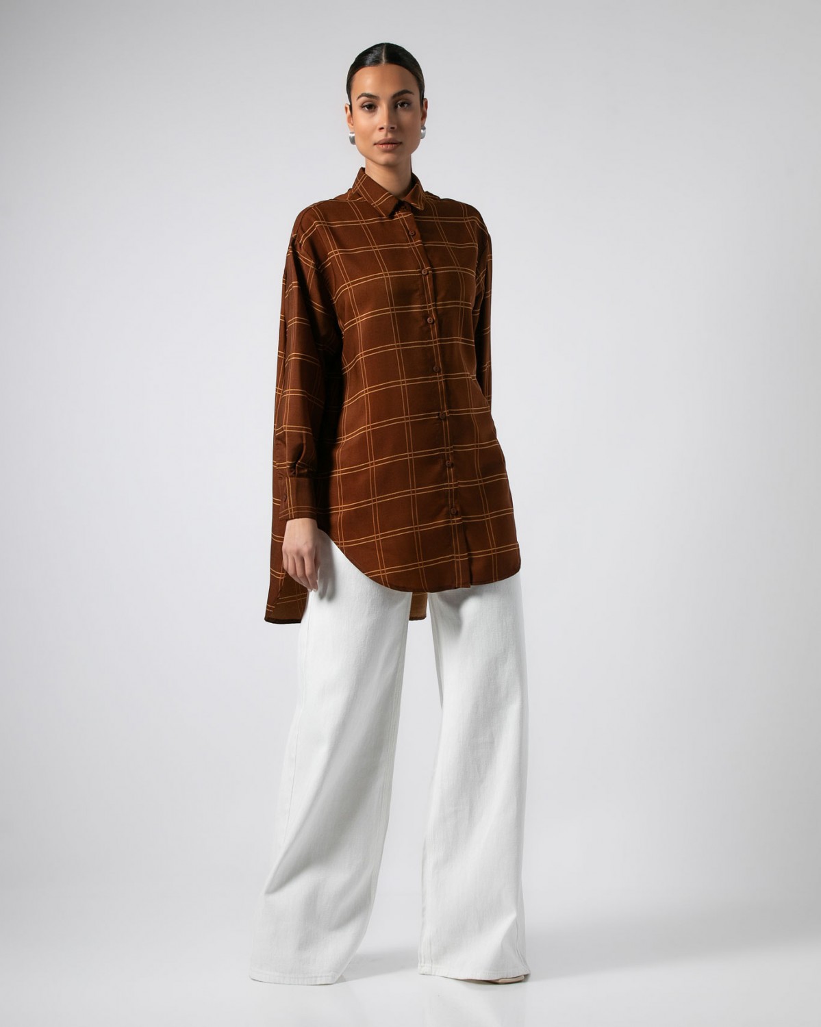 Πουκάμισο μακρυμάνικο καρό oversized Καφέ - Μουσταρδί 