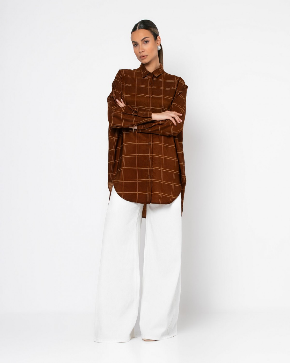 Πουκάμισο μακρυμάνικο καρό oversized Καφέ - Μουσταρδί 