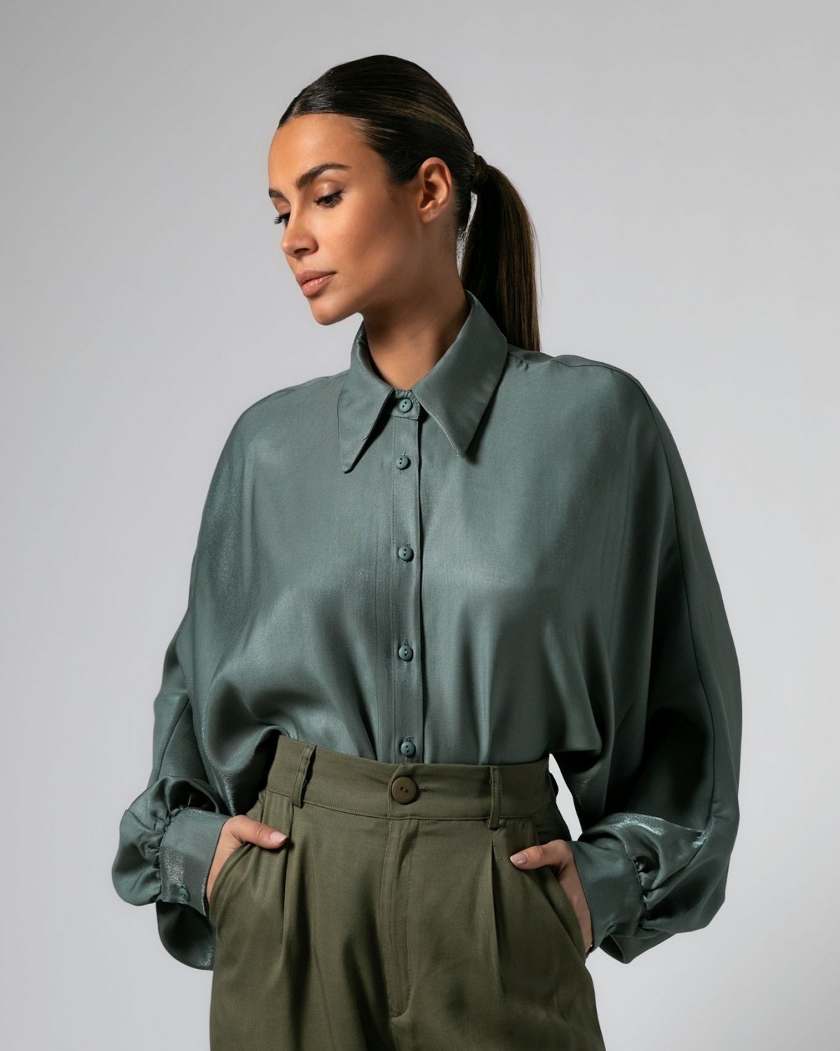 Πουκάμισο μακρυμάνικο νυχτερίδα γυαλιστερή όψη Menthol