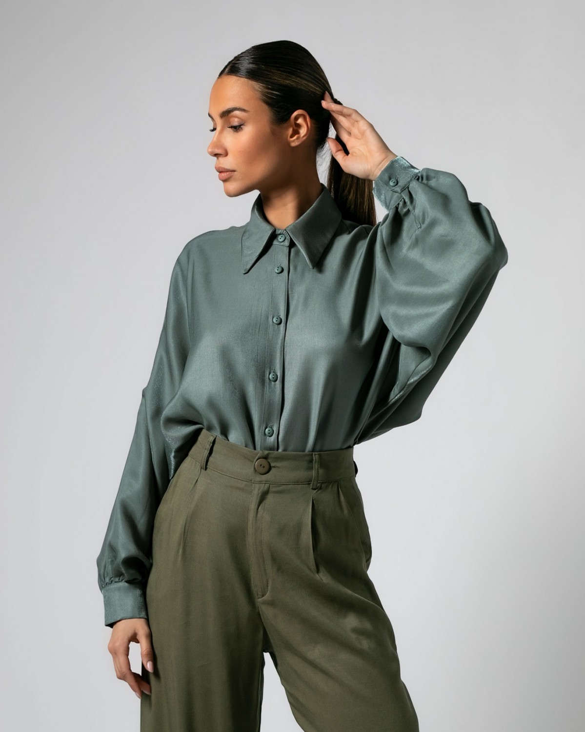 Πουκάμισο μακρυμάνικο νυχτερίδα γυαλιστερή όψη Menthol