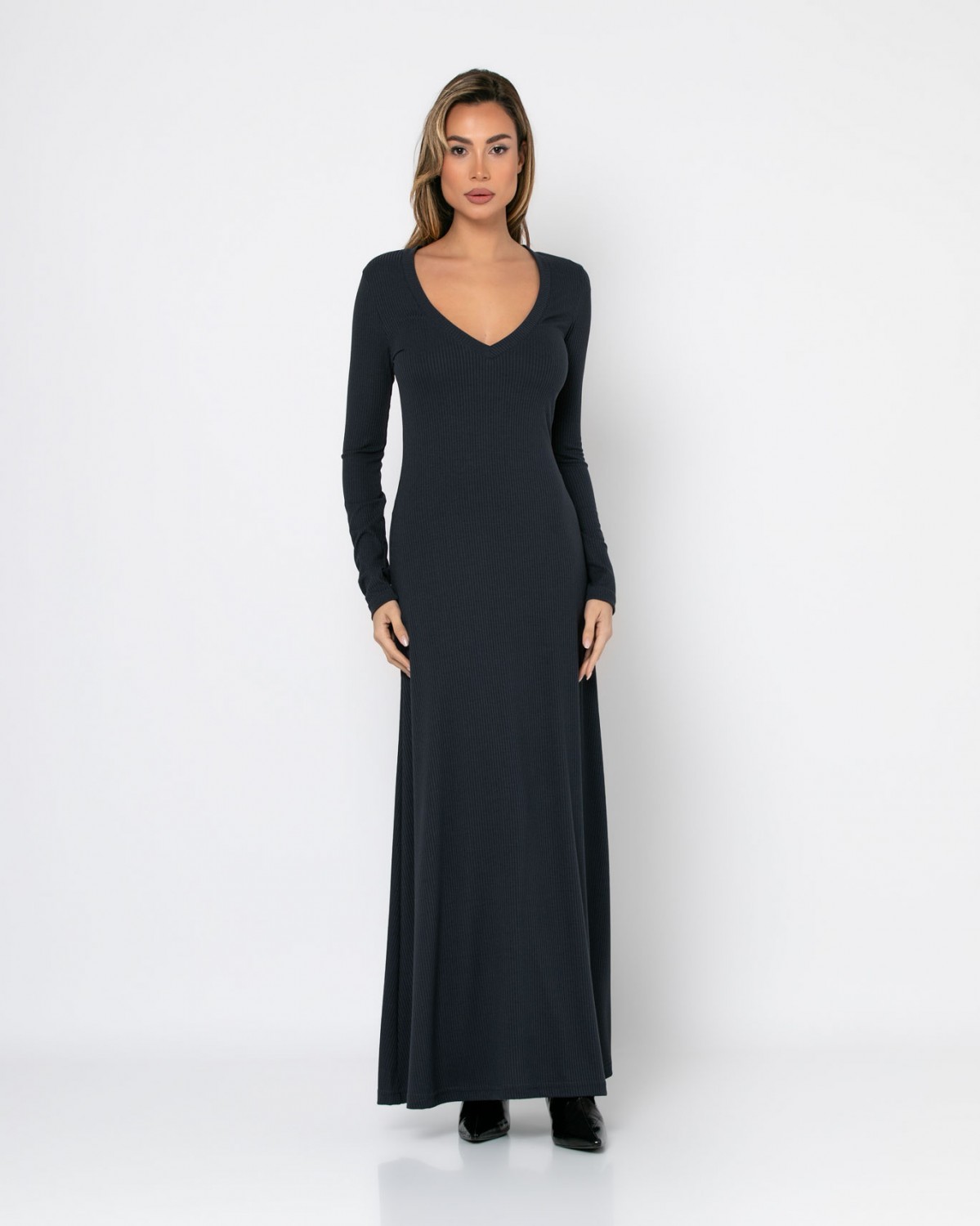 Φόρεμα maxi μακρυμάνικο ριπ με "V" Ανθρακί 