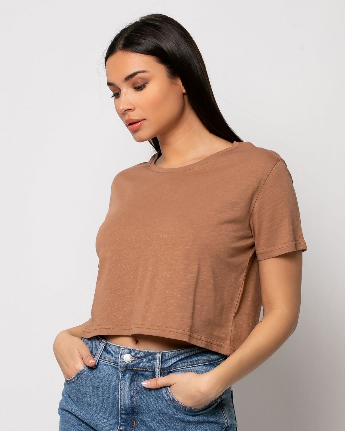 Crop top βαμβακερό κοντομάνικο Κάμελ 