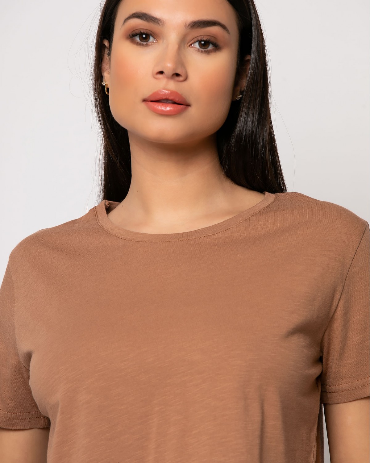 Crop top βαμβακερό κοντομάνικο Κάμελ 