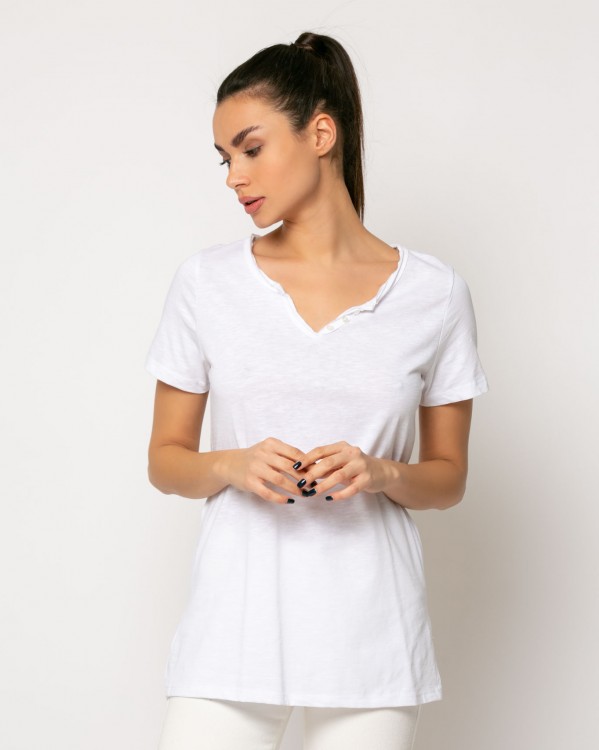 Μπλουζάκι κοντομάνικο "V" με κούμπωμα  Λευκό