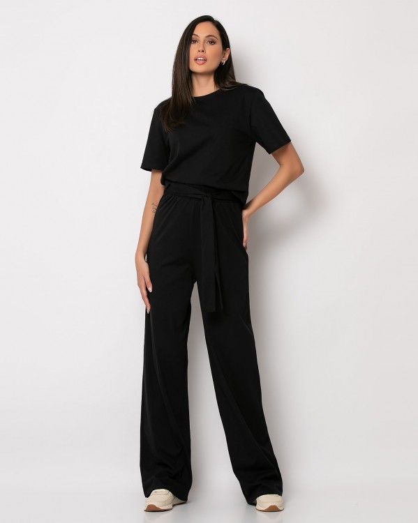 Σετ βαμβακερό μπλούζα κοντομάνικη - παντελόνι ψηλόμεσο με δέσιμο στη μέση Μαύρο 