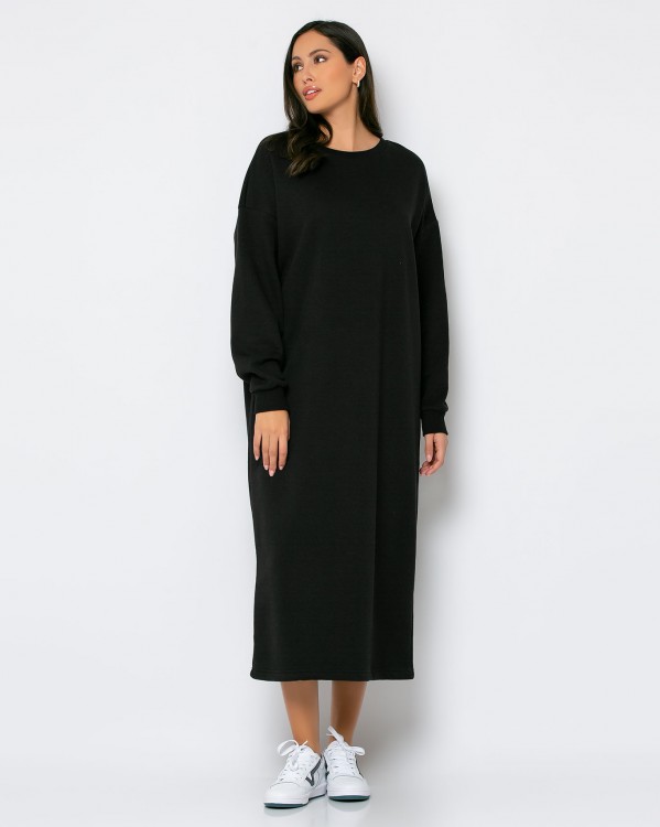 Φόρεμα maxi φούτερ χνούδι με λαιμόκοψη Μαύρο 