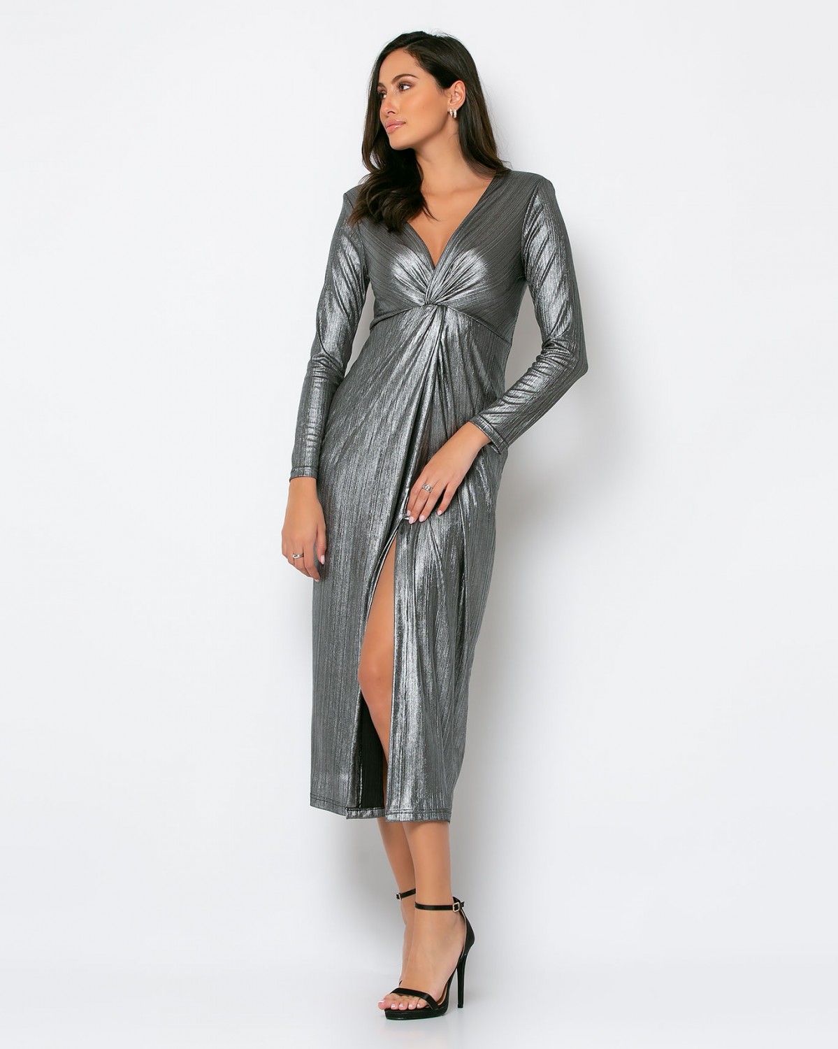 Φόρεμα midi κρουαζέ μεταλιζέ με άνοιγμα μπροστά Silver 