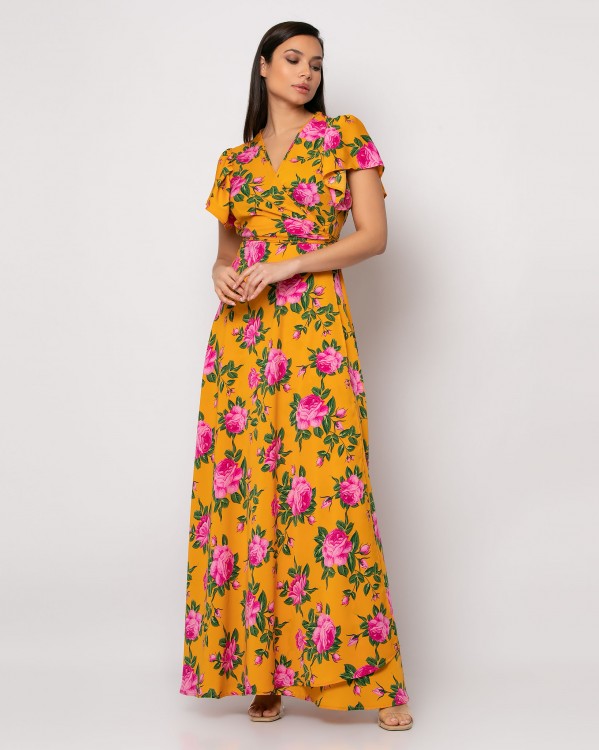 Φόρεμα maxi φάκελος με σούρα στο μανίκι Μουσταρδί - Ροζ φλοράλ 
