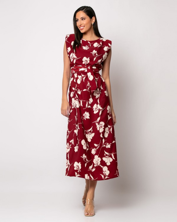 Φόρεμα midi αμάνικο εμπριμέ με βάτες Cherry - Εκρού φλοράλ 