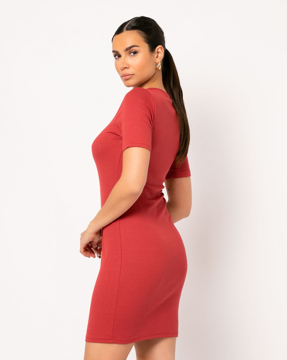 Φόρεμα ριπ mini κοντομάνικο Κεραμιδί 