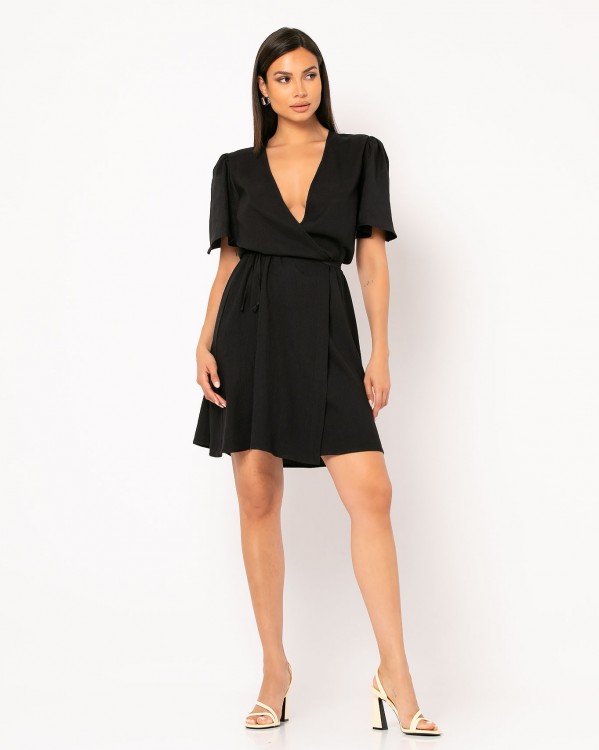 Φόρεμα Mini κοντομάνικο κρουαζέ με μανίκι φούσκα Μαύρο 