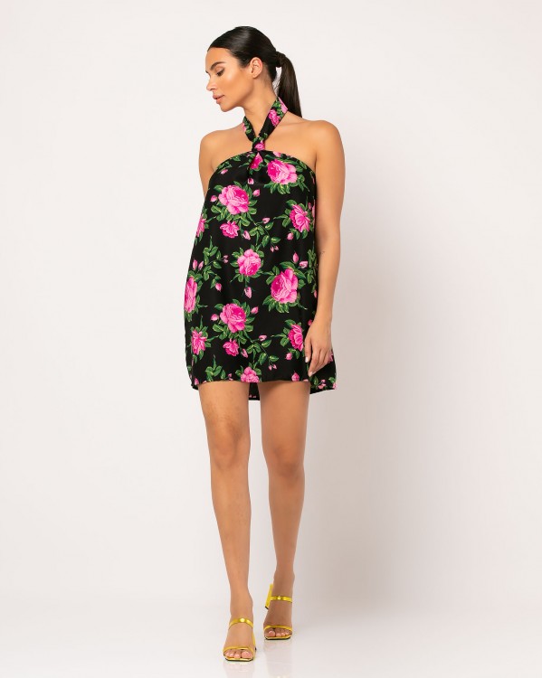 Φόρεμα mini στράπλες με δέσιμο στο λαιμό Μαύρο - Ροζ τριαντάφυλλα