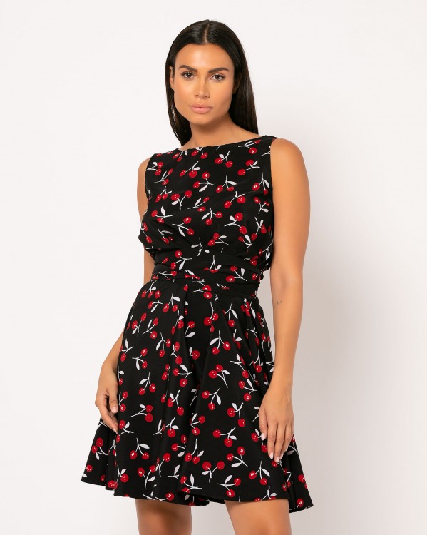 Φόρεμα mini εμπριμέ αμάνικο με ζώνη στη μέση Μαύρο - Κόκκινο κεράσια 