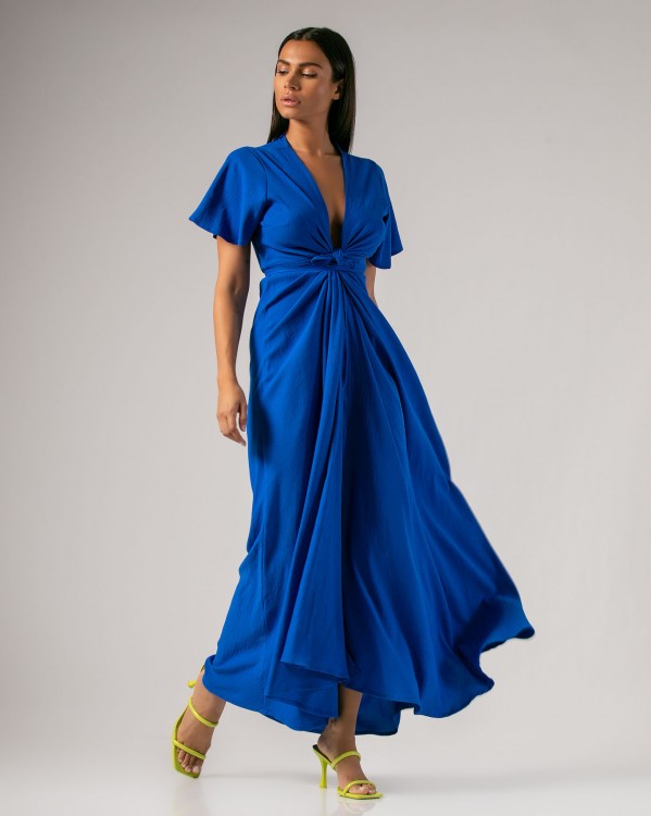 Φόρεμα maxi κρουαζέ κοντομάνικο με λάστιχο στην μέση Μπλε ρουά 