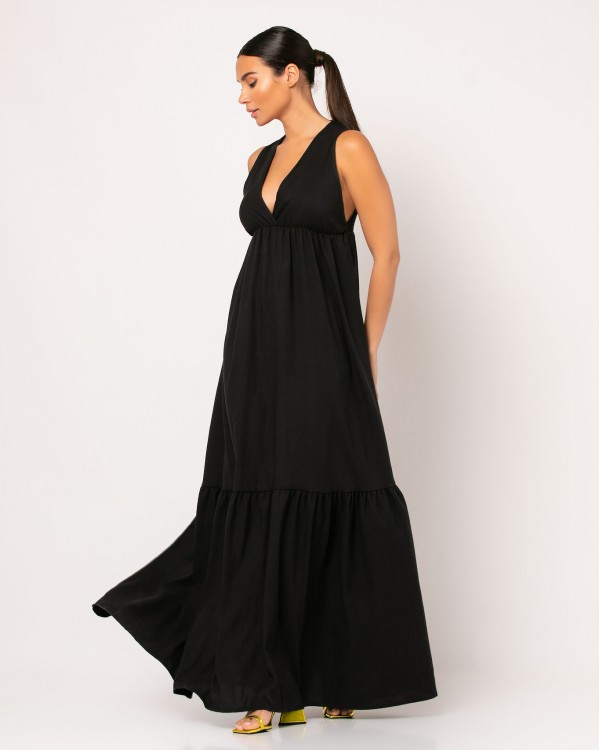 Φόρεμα maxi κρουαζέ με βολάν στο τελείωμα Μαύρο 