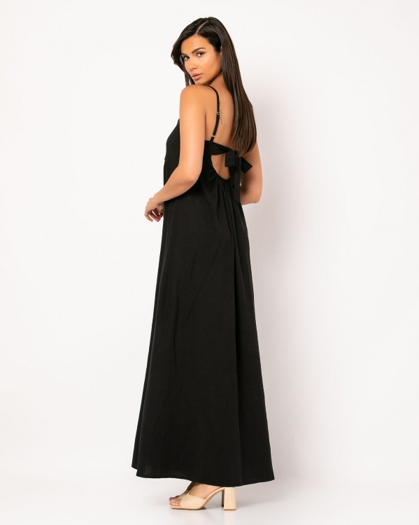 Φόρεμα maxi με λεπτή ράντα και δέσιμο στην πλάτη Μαύρο 