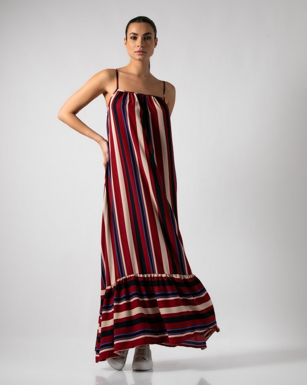 Φόρεμα maxi με λεπτή ράντα και βολάν Μπορντώ - Μπεζ ριγέ