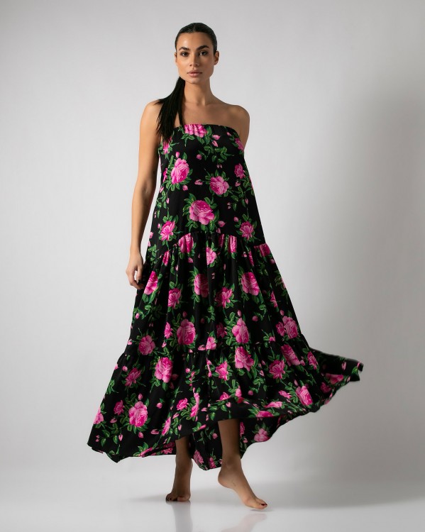 Φόρεμα Maxi στράπλες εμπριμέ με διπλό βολάν Μαύρο - Ροζ τριαντάφυλλα 