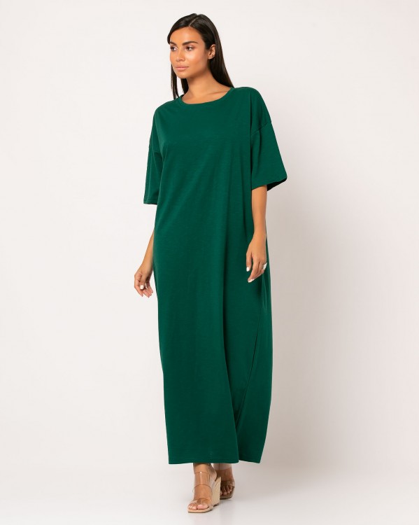 Φόρεμα maxi κοντομάνικο με ζώνη Πράσινο σκούρο 