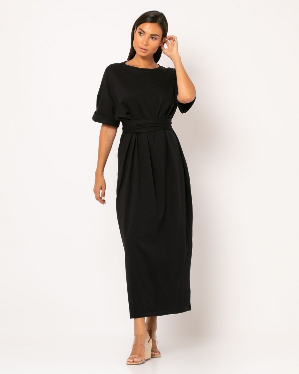 Φόρεμα maxi κοντομάνικο με ζώνη Μαύρο 