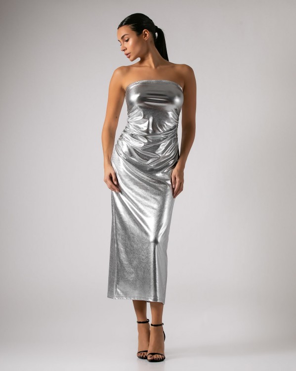 Φόρεμα midi στράπλες με σούρα στην μέση μεταλιζέ Silver