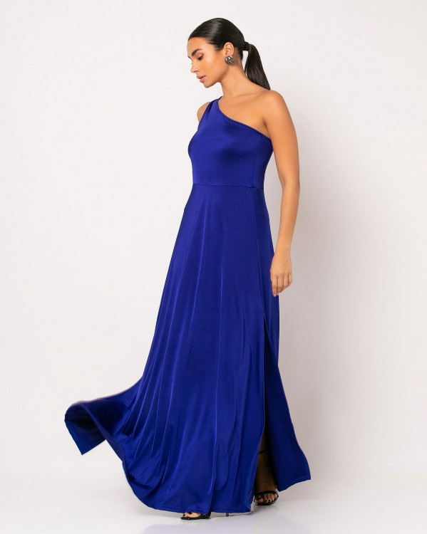 Φόρεμα με έναν ώμο, σούρα και σκίσιμο στο πλάι Cobalt blue